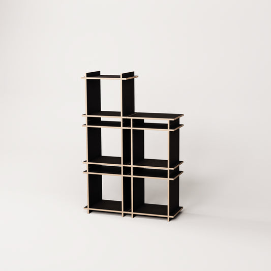 Regalsystem aufgebaut als modulares Regal oder Shelf in Farbe schwarz.