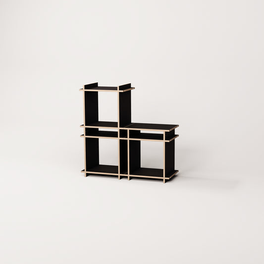 Regalsystem aufgebaut als modulares Regal oder Shelf in Farbe schwarz.