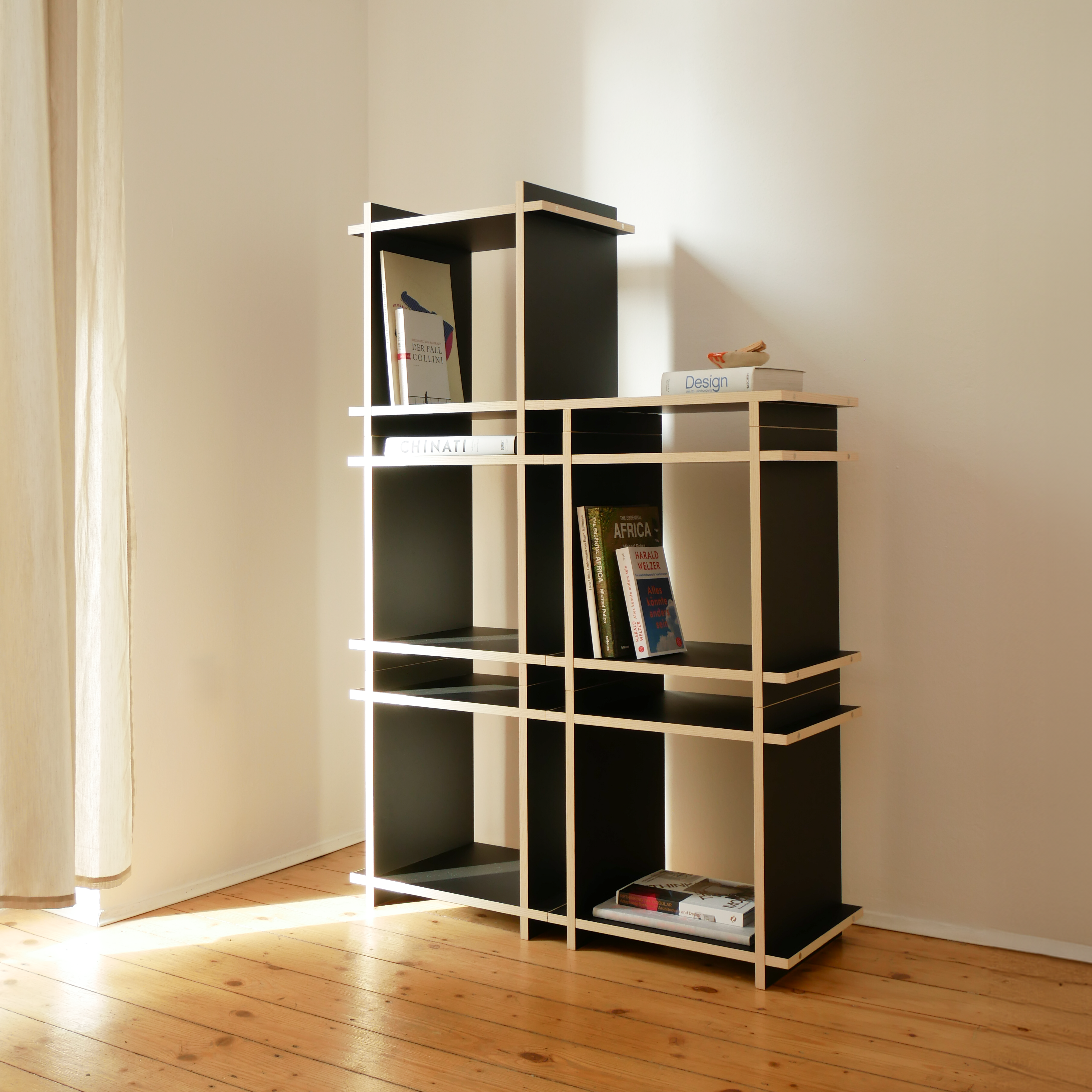 Design Regalsystem aufgebaut als Regal im Sonnenlicht