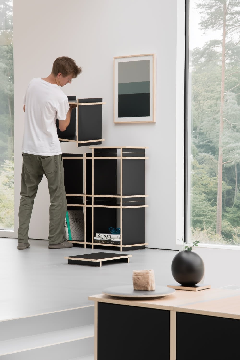 Ein junger Mann baut ein Regalsystem auf und nimmt dabei ein Regal Modul in seine Hände. Der Raum ist modern eingerichtet.