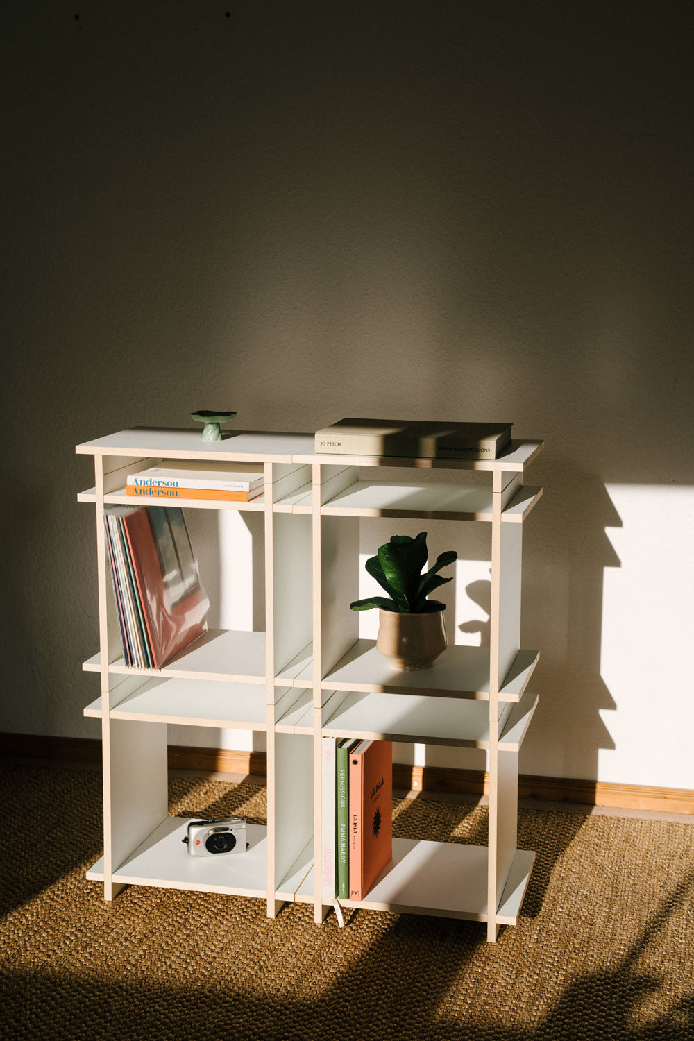 Weisses Regal in einem japanisch anmutendem Zimmer. Minimalistisch mit Schallplatten eingerichtet.