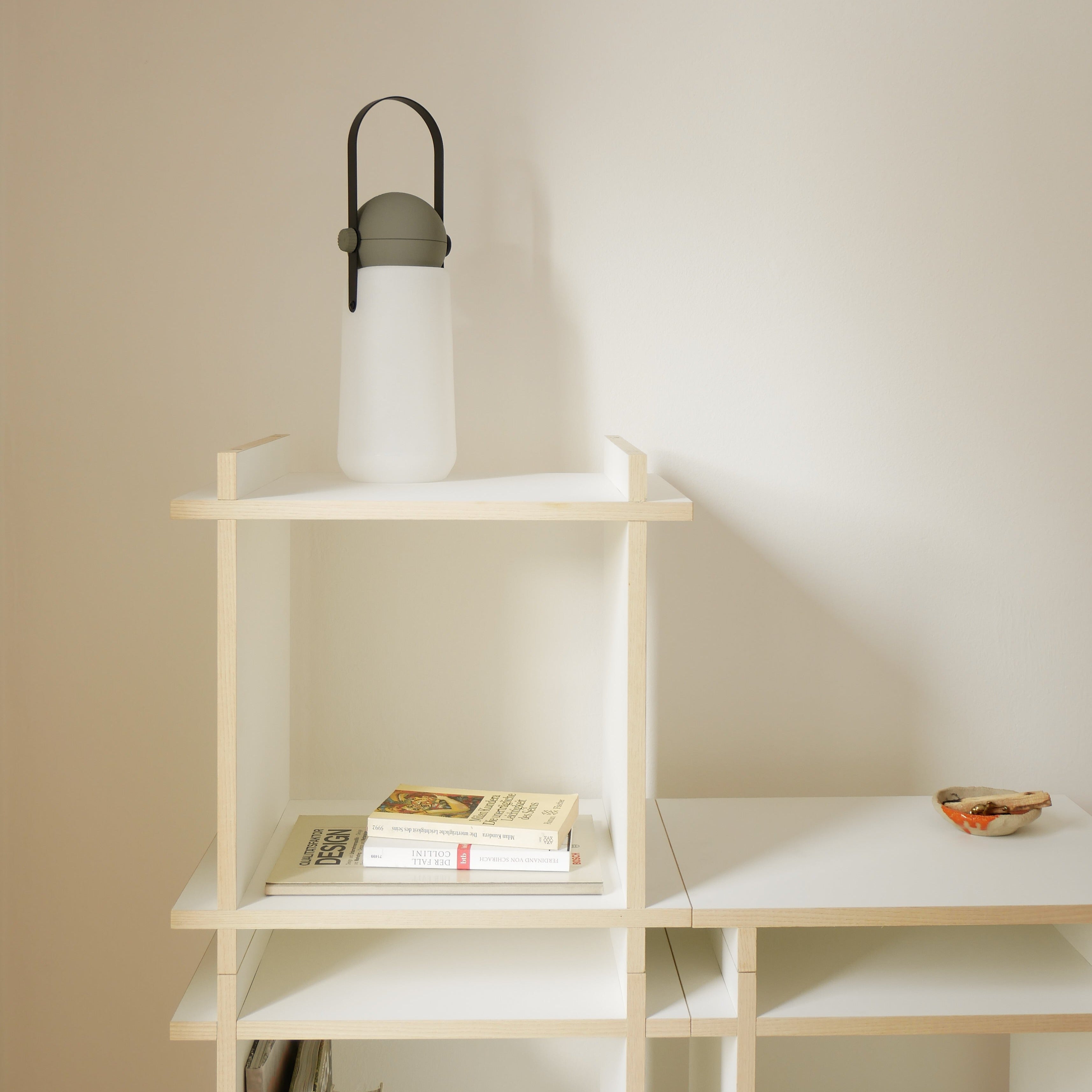 Regal gezeigt auf grauem Hintergrund. Das Produkt besteht aus gradlinigen Plattenwerkstoffen mit einer Echtholz Esche Kante.