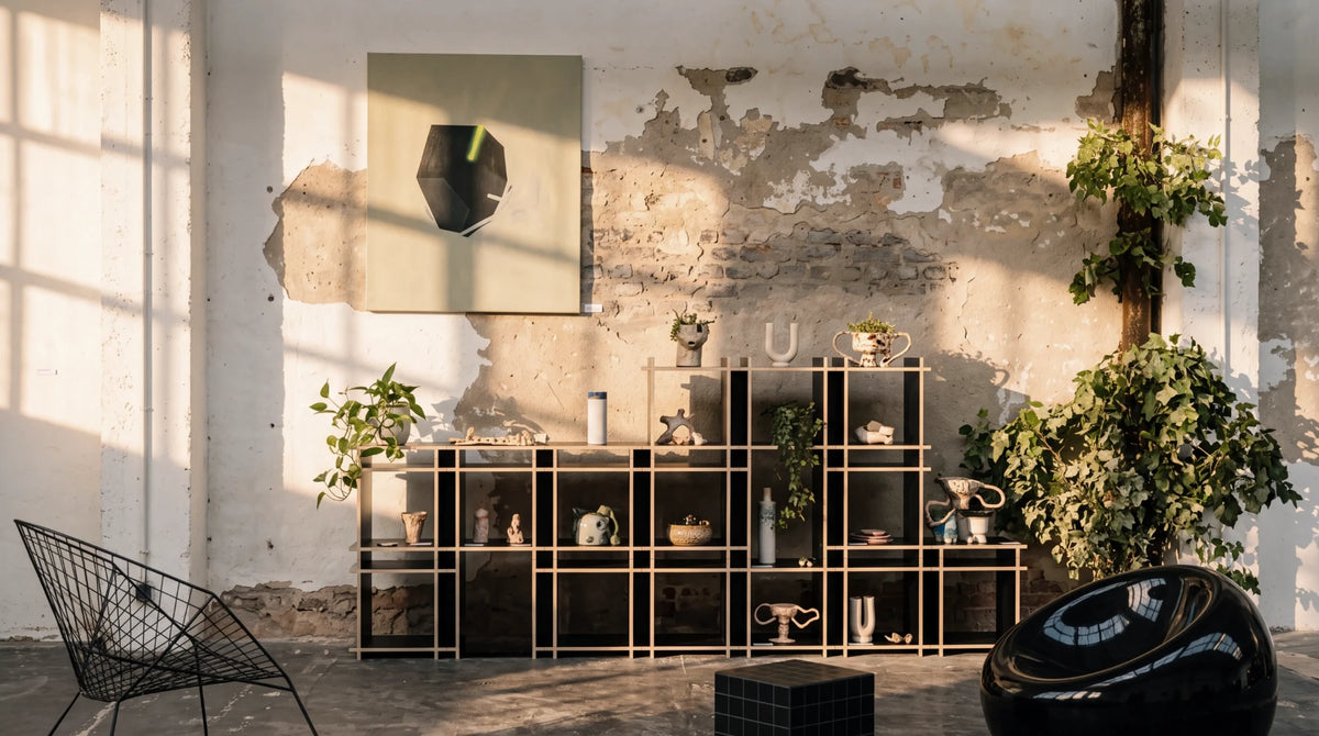 Schwarze Regalwand von Kiyo aus Cubes und Caps mit Keramik und Pflanzen vor einer Industriewand im Loft, frontal.