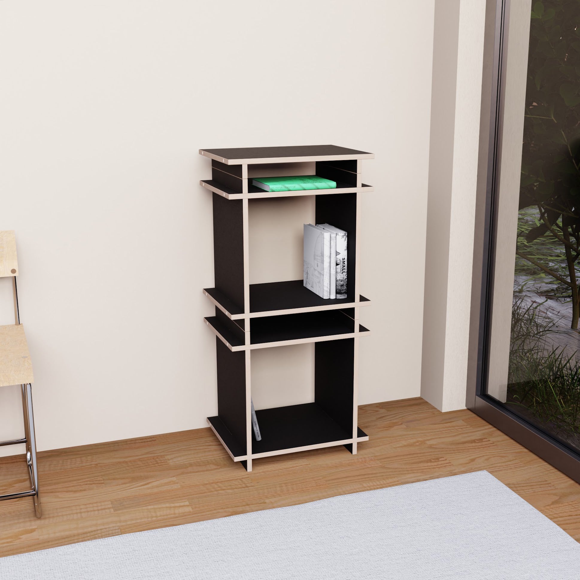 Schwarzes Entry Bundle modulares Würfelregal in heller Wohnumgebung als Rendering