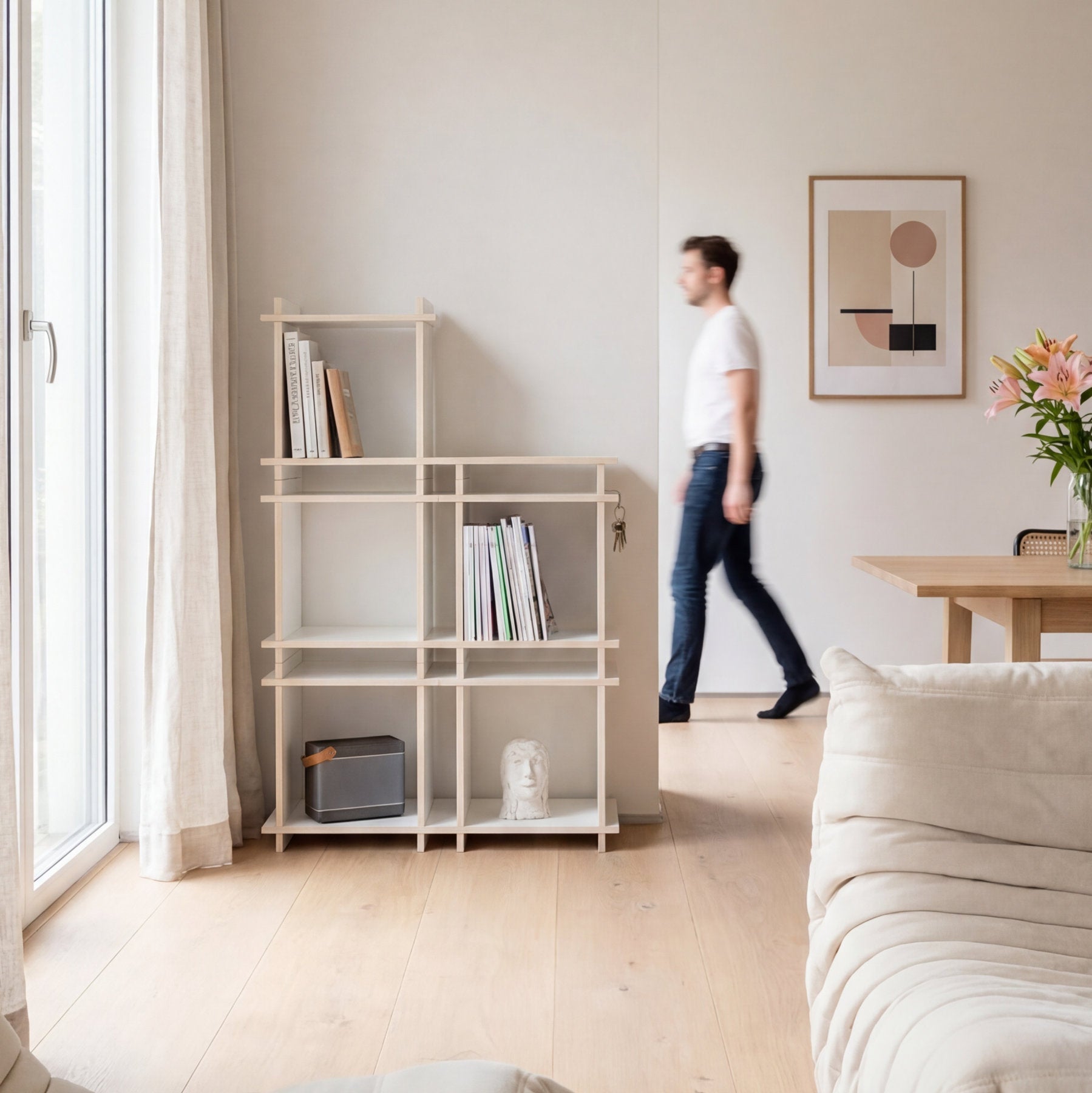 R1 Shelf Bundle in Weiß von Kiyo, modulares Bücherregal aus Würfeln im Wohnraum.